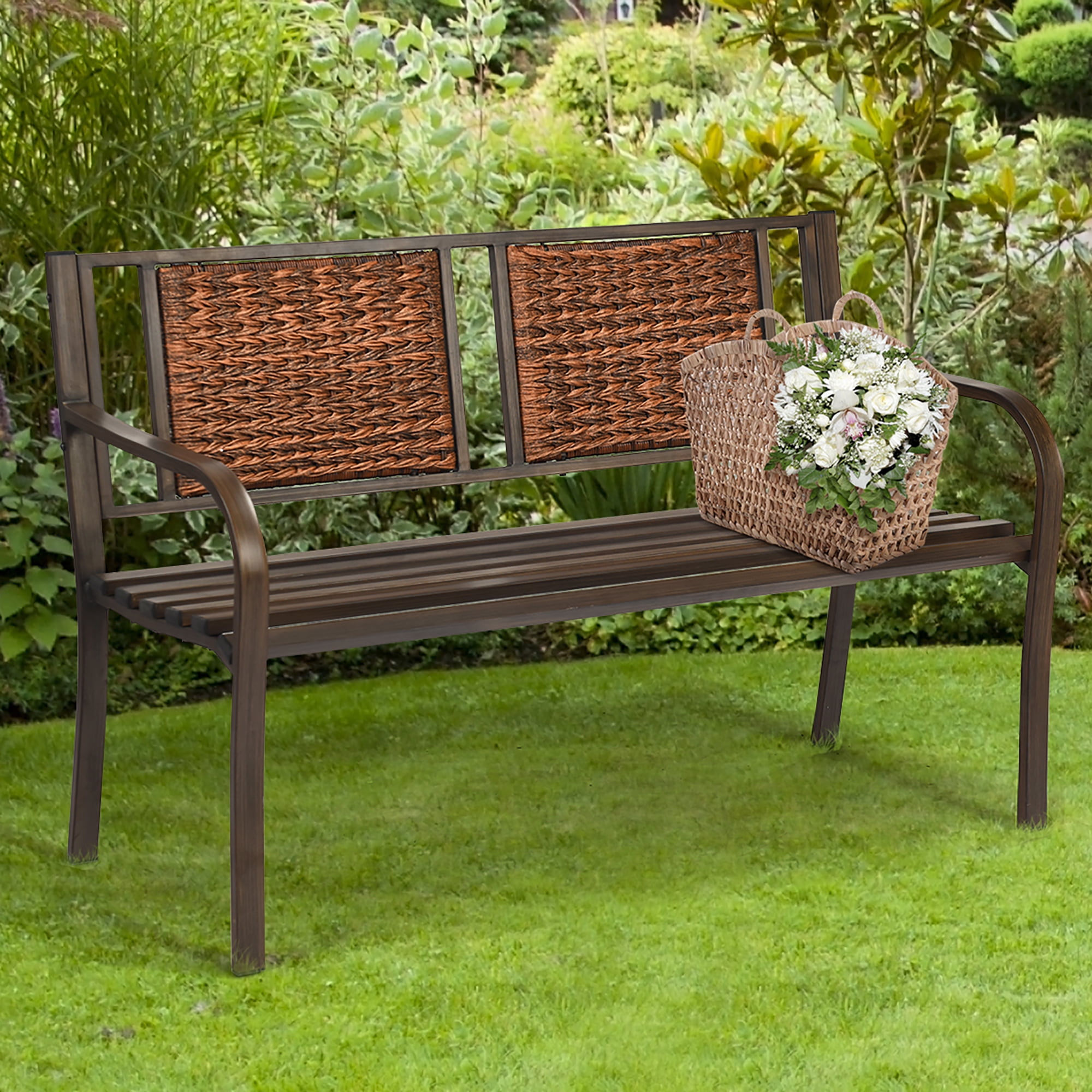 Walmart Deal of Free Shipping! Costway Patio Garden Bench Steel Frame Rattan Backrest Park Yard Outdoor Porch Furniture