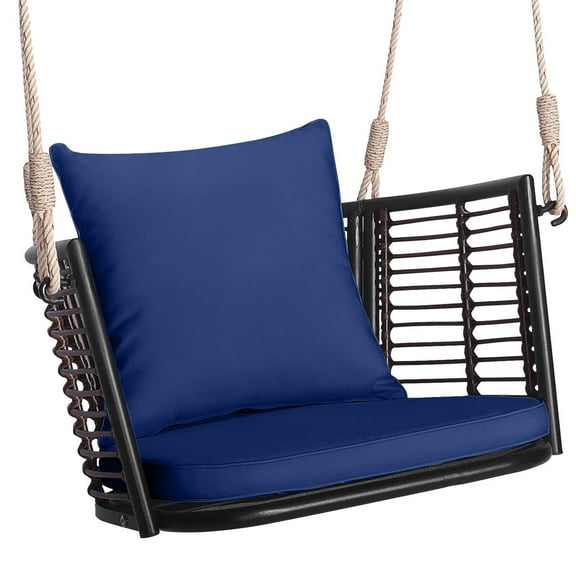Costway Patio Hanging Rattan Basket Chair Swing Hammock Chair with Seat Cushion Navy