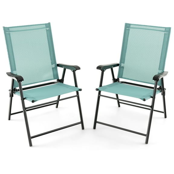 Costway Patio Metal Outdoor Dining Portable and Armrests Folding Chairs, Green (Set of 2)
