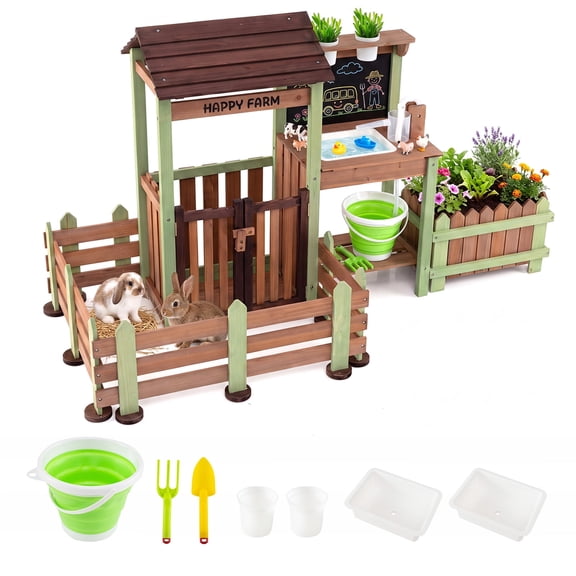 Costway Patio Mud Farm Playset Gift for Children Age 3+ Years Old, Wooden Barnyard Pretend Toy with Raised Planter Box Brown + Green