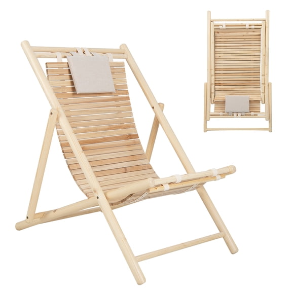 Costway Patio Outdoor Adjustable Folding Wood Sling Chair Reclining Lounge Assembly Free Natural