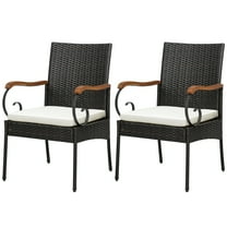 Costway Patio PE Wicker Chairs with Acacia Wood Armrests & Cushions, Mix Brown/Off White (Set of 2)