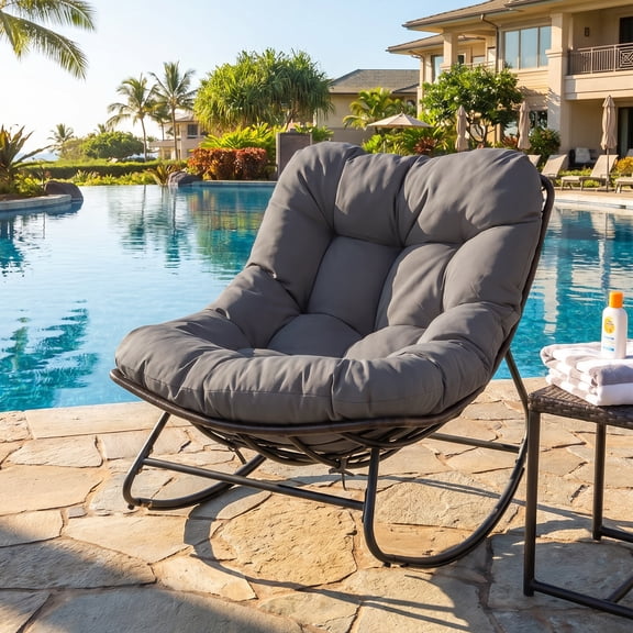 Costway Patio Papasan Rocking Chair,Oversized Egg-shaped Rocker with Thick Cushioned Seat Gray