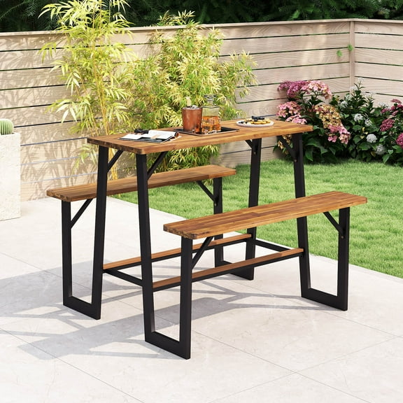 Costway Patio Picnic Table Bench Set with Acacia Wood Tabletop Benchtop Built-in Footrests
