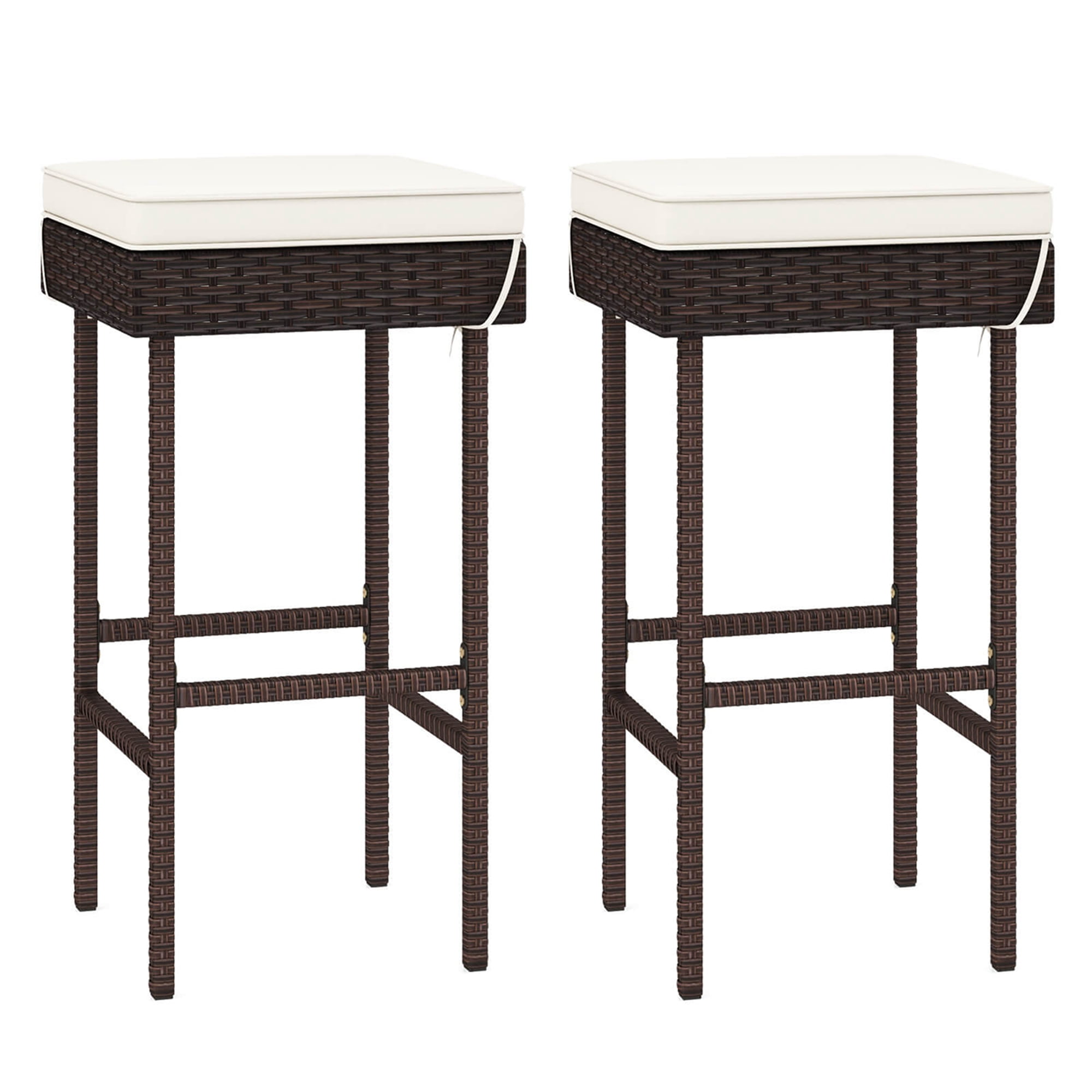 Costway Patio Rattan Barstools Set of 2 Outdoor Wicker Bar Height ...