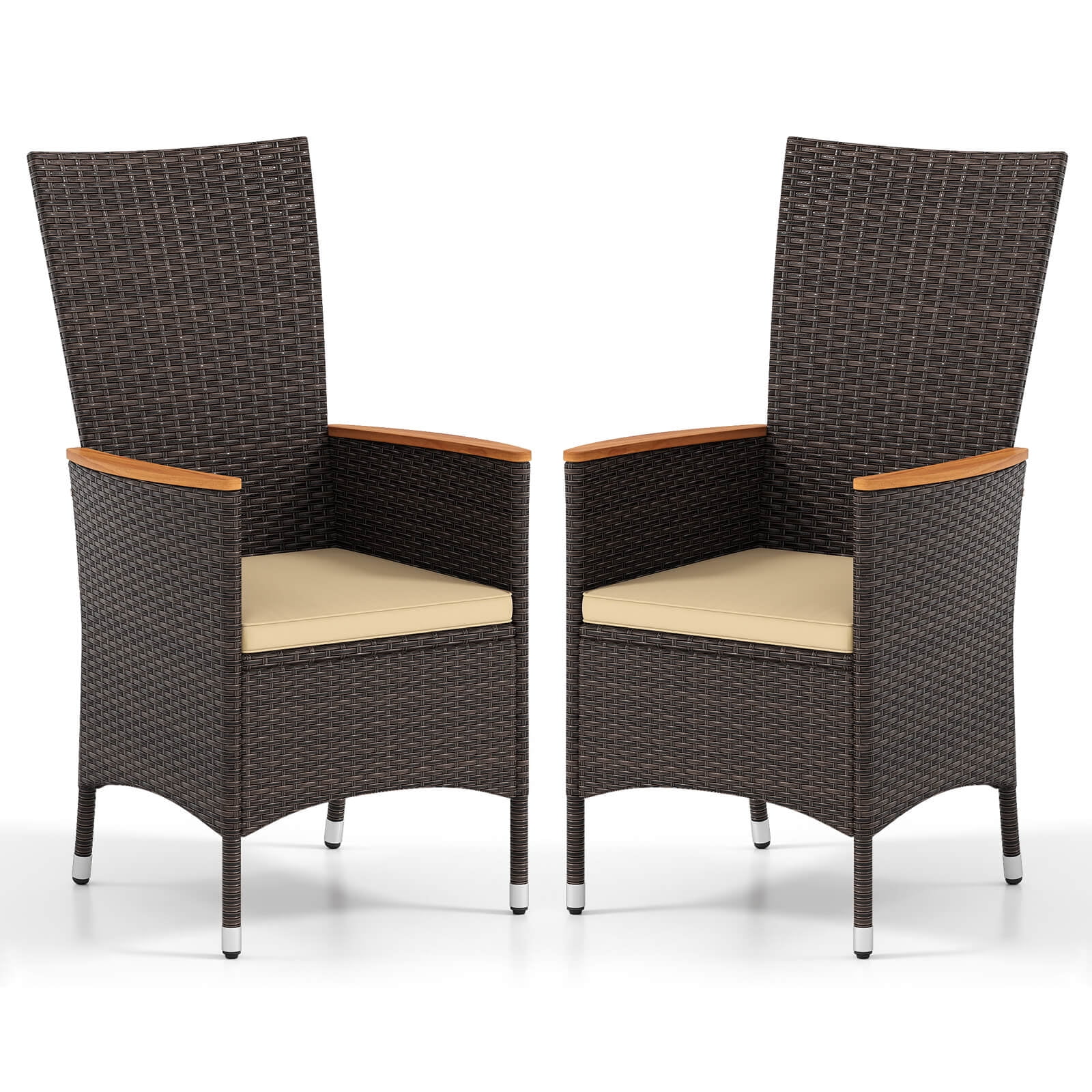 Costway Patio Rattan Chairs Set of 2 with High Backrest & Acacia Wood Armrests, Cushion