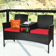 Costway Patio Rattan Conversation Set Seat Sofa Cushioned Loveseat Glass Table Chair Red