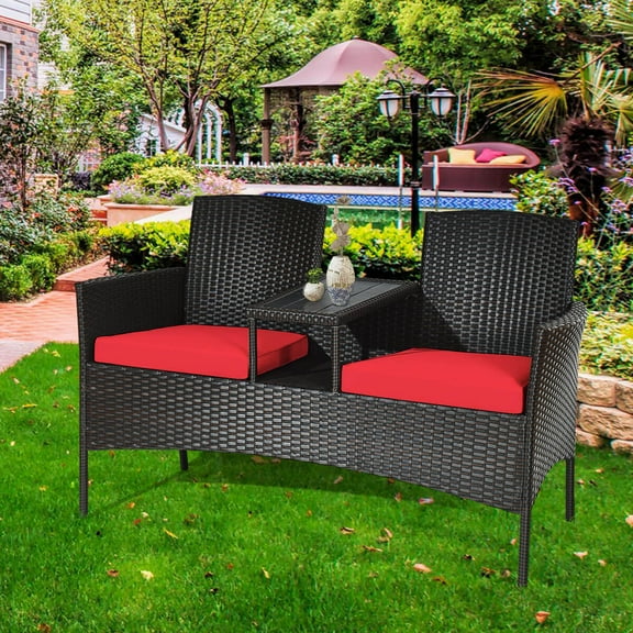 Costway Patio Rattan Conversation Set Seat Sofa Cushioned Loveseat Glass Table Chair Red