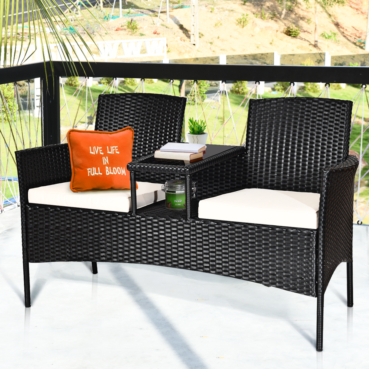 Costway Patio Rattan Conversation Set Seat Sofa Cushioned Loveseat Glass Table Chairs - image 1 of 8