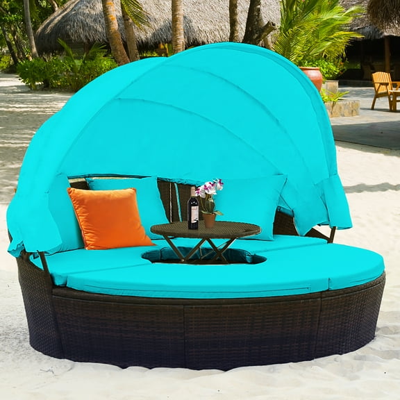Costway Patio Rattan Daybed Cushioned Sofa Adjustable Table Top Canopy Turquoise