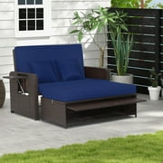 Devoko Patio Daybed Set – Outdoor Rattan Lounge Bed With 2 Side Tables (Navy Blue)
