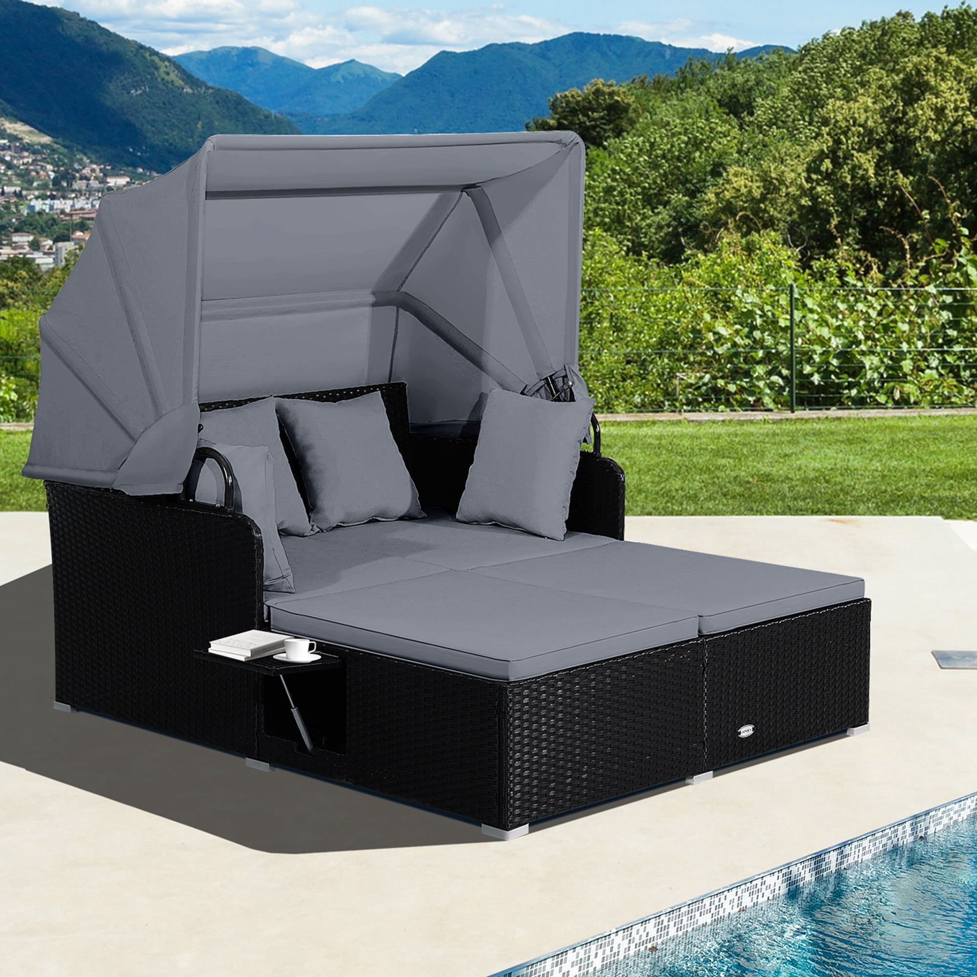 Costway Patio Rattan Daybed Lounge Retractable Top Canopy Side Tables Cushions Red