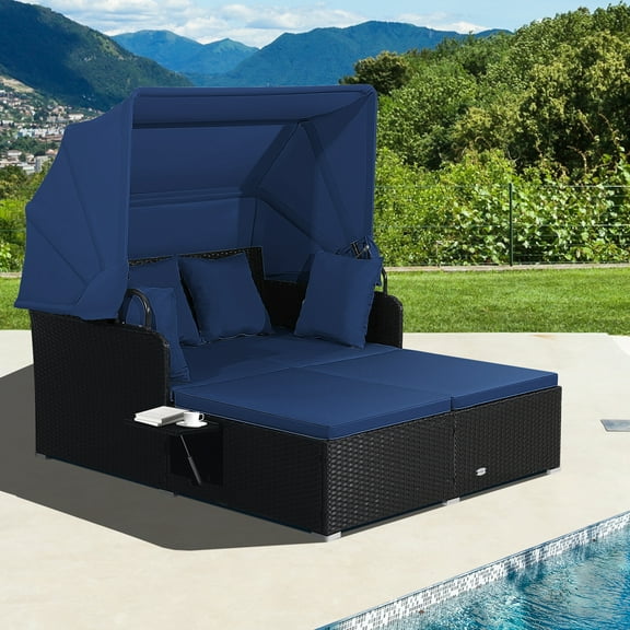 Costway Patio Rattan Daybed Lounge Retractable Top Canopy Side Tables Cushions Navy