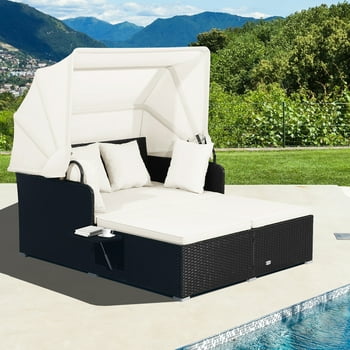 Costway Patio Rattan Daybed Lounge Retractable Top Canopy Side Tables Cushions Off White