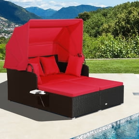 Costway Patio Rattan Daybed Lounge Retractable Top Canopy Side Tables Cushions Black + Red