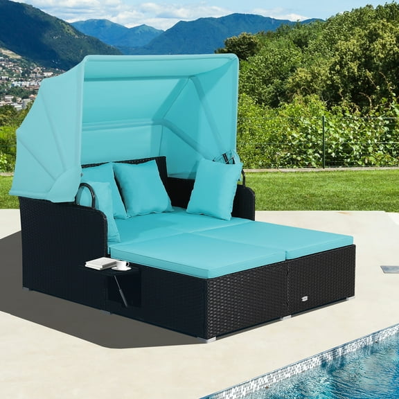Costway Patio Rattan Daybed Lounge Retractable Top Canopy Side Tables Cushions Black + Turquoise
