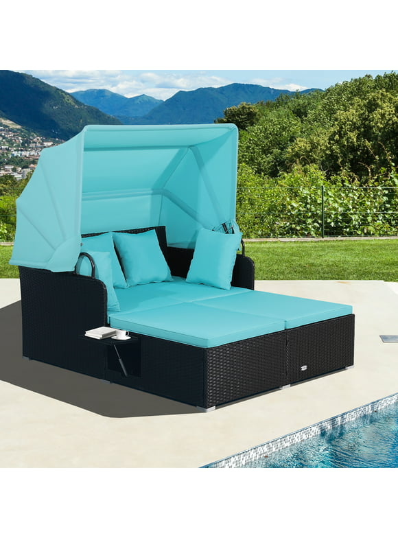 Costway Patio Rattan Daybed Lounge Retractable Top Canopy Side Tables Cushions Turquoise