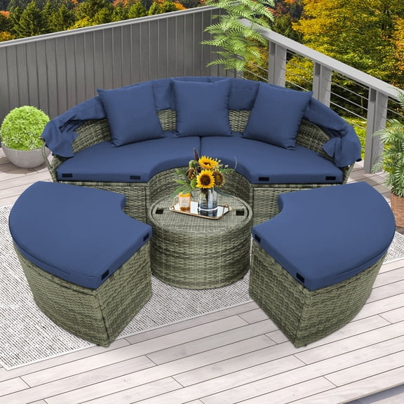 Costway Patio Rattan Daybed Outdoor Sectional Seating with Side Table & Retractable Canopy Mix Gray Navy