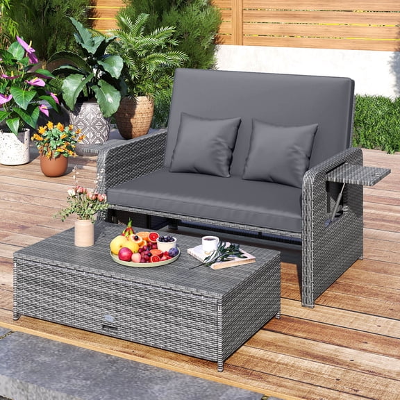 Costway Patio Rattan Daybed Set Wicker Loveseat Sofa with Ottoman & Retractable Side Tray