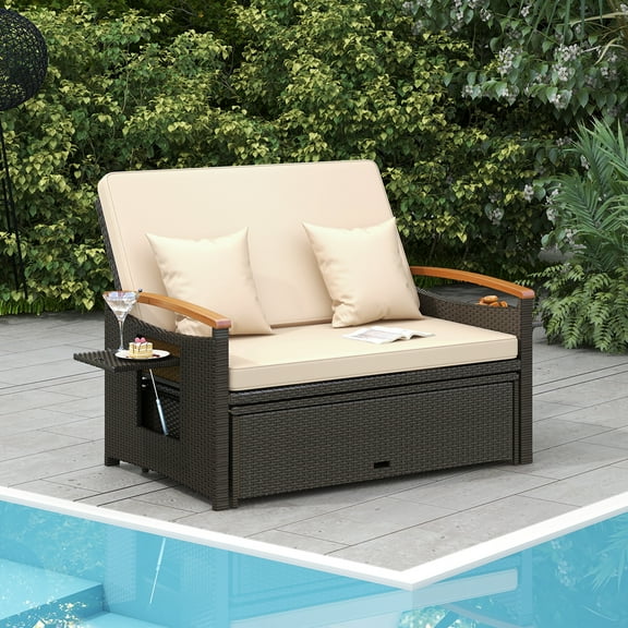 Costway Patio Rattan Daybed Set with Cushioned Loveseat & Storage Ottoman for Porch Beige + Mix Brown