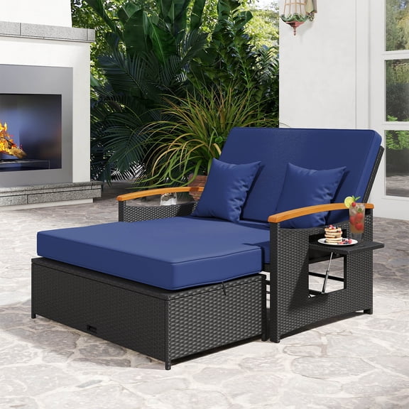 Costway Patio Rattan Daybed Set with Cushioned Loveseat & Storage Ottoman for Porch Navy + Black