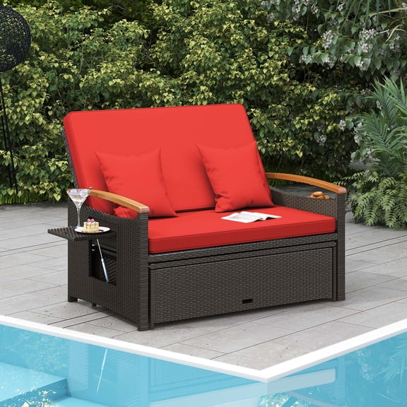 Costway Patio Rattan Daybed Set with Cushioned Loveseat & Storage Ottoman for Porch Red + Mix Brown