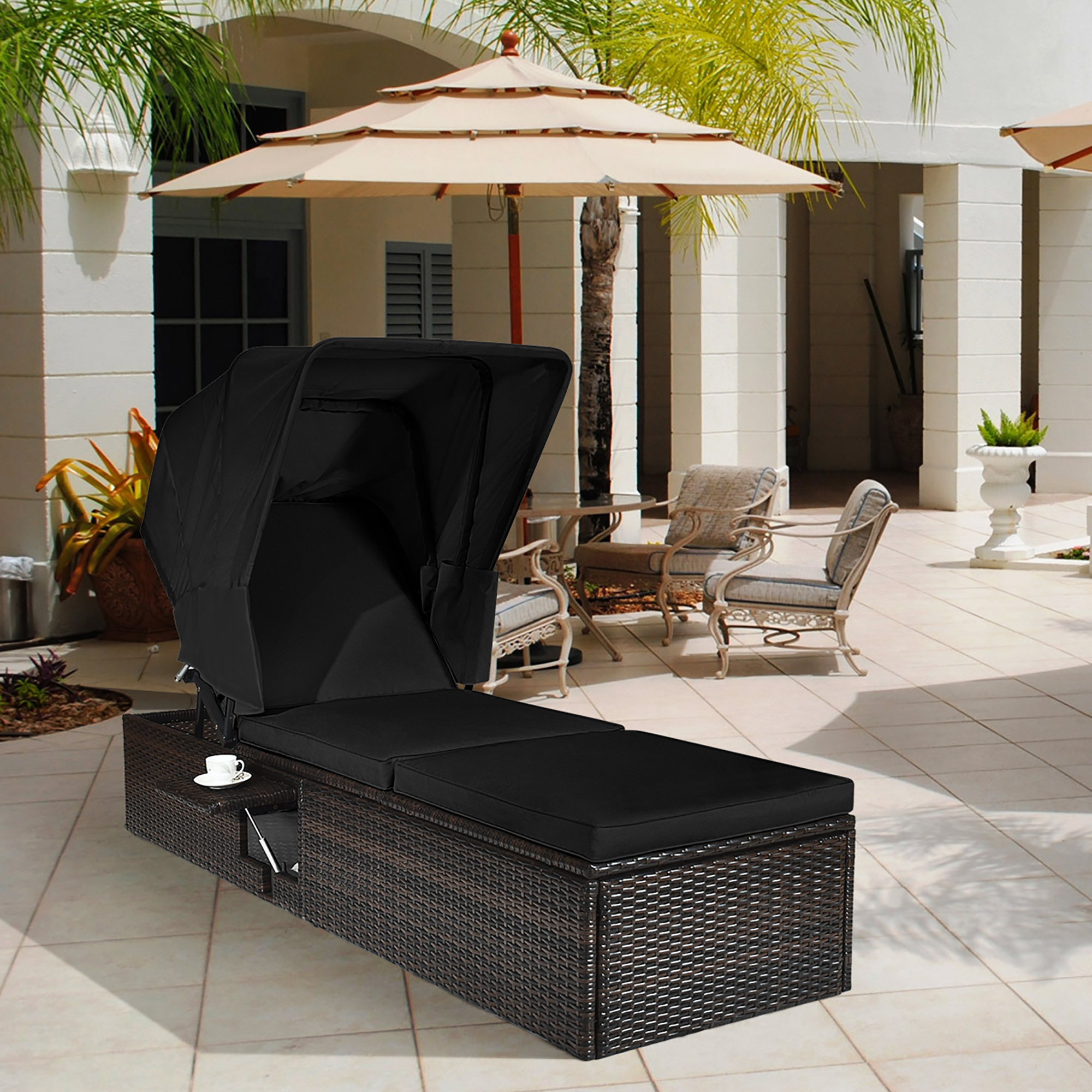 Costway Patio Rattan Lounge Chair Chaise Cushioned Top Canopy Adjustable Tea Table Black - image 1 of 10