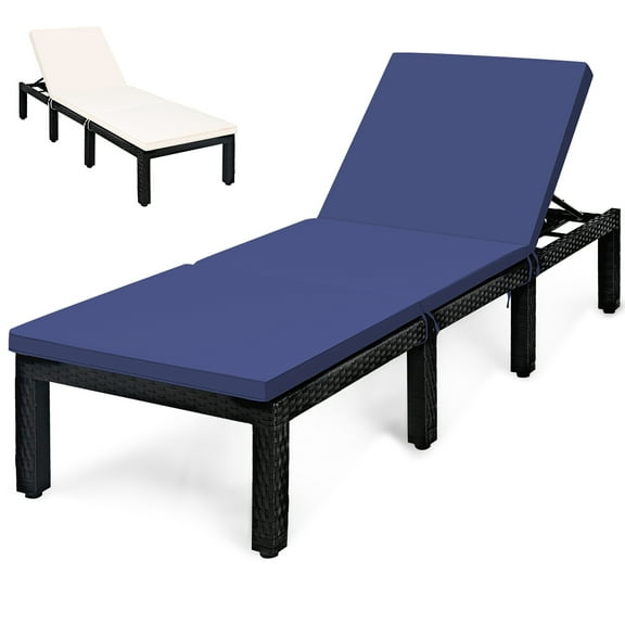 Costway Patio Rattan Lounge Chair Chaise Recliner Adjust Cushion Navy & Off White Cover