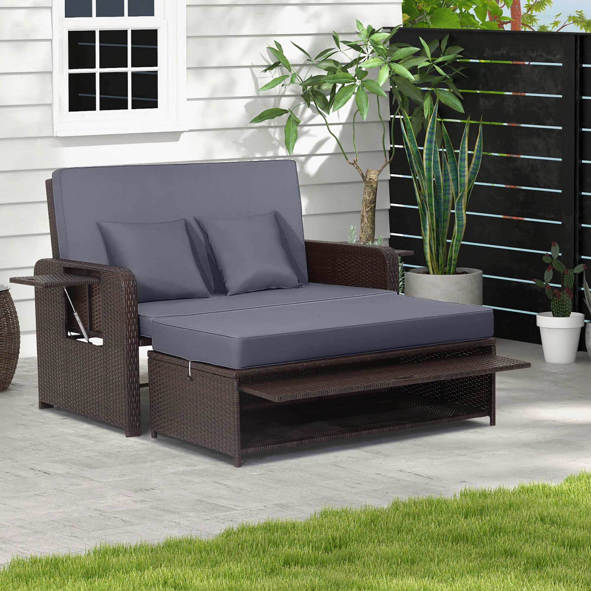 Costway Patio Rattan Loveseat Set Daybed Lounge Storage Ottoman Side Tables Adjust Gray