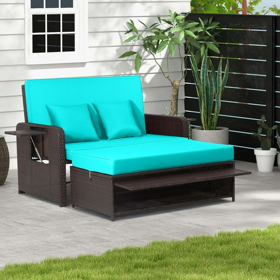 Costway Patio Rattan Loveseat Set Daybed Lounge Storage Ottoman Side Tables Adjust