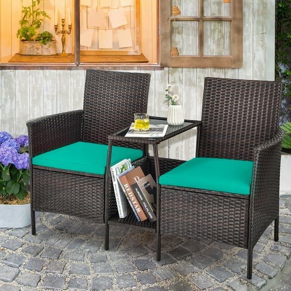 Costway Patio Rattan Wicker Conversation Set Sofa Cushioned Loveseat Glass Table Turquoise