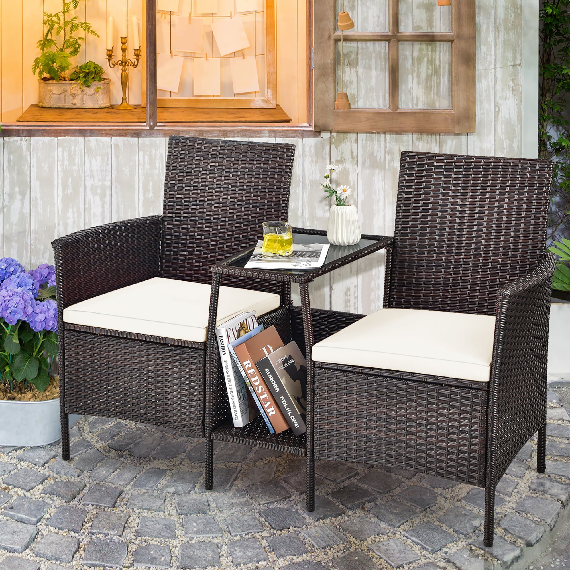 Costway Patio Rattan Wicker Conversation Set Sofa Cushioned