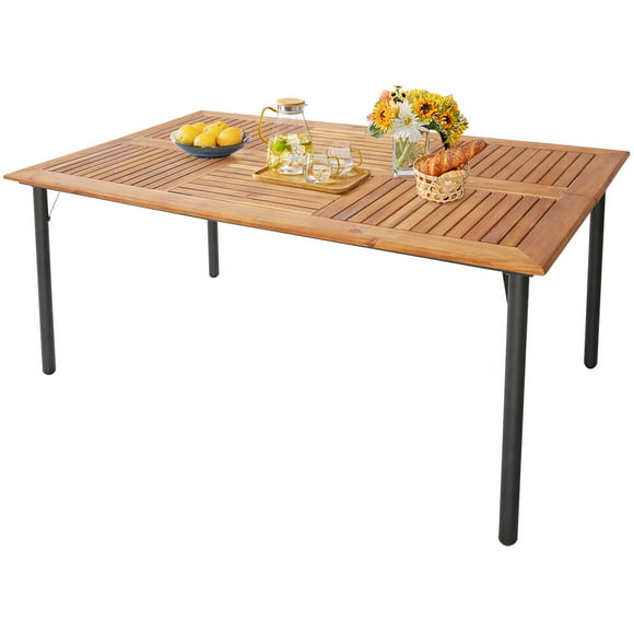 Costway Patio Rectangular Acacia Wood Dining Table with 1.9''Umbrella Hole Indoor&Outdoor