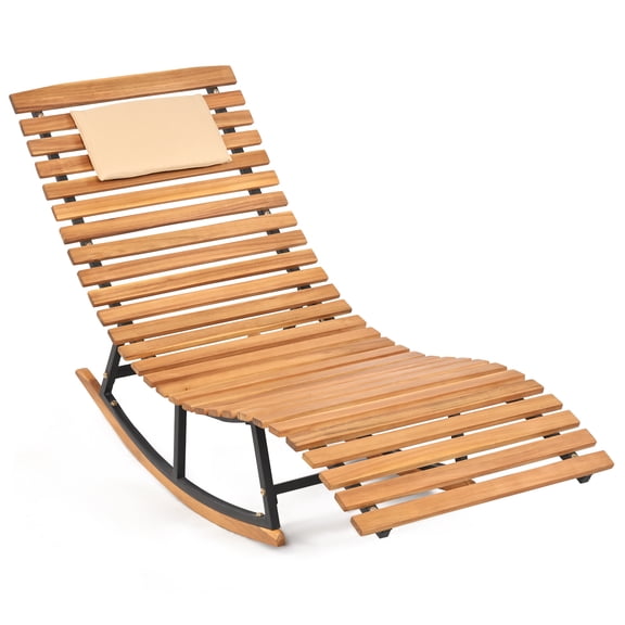 Costway Patio Rocking Chaise Lounge Acacia Wood Rocking Sun Lounger with S-Shaped Seat