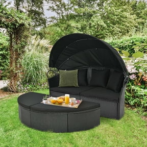 Costway Patio Round Daybed with Retractable Canopy Rattan Sectional Seating Black