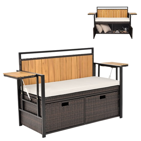 Costway Patio Storage Bench with 2 Folding Side Tables,2-Seater Rattan Bench Seat with Cushion