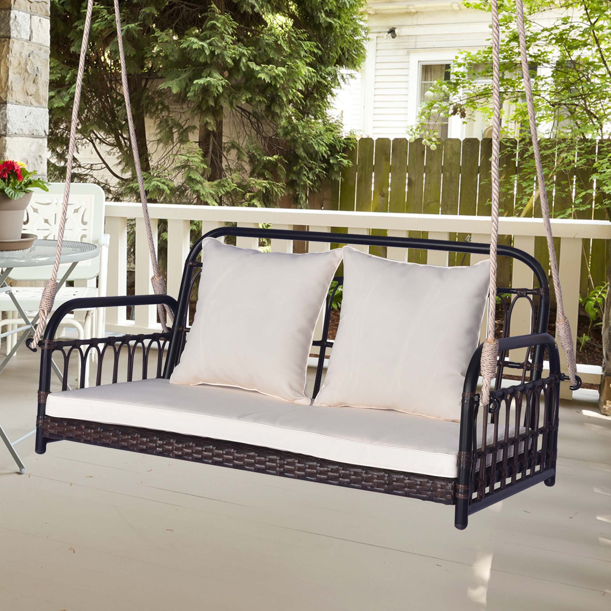 Costway Patio Swing Chair 2 Person Hanging Seat Outdoor Wicker Loveseat Cushioned Porch