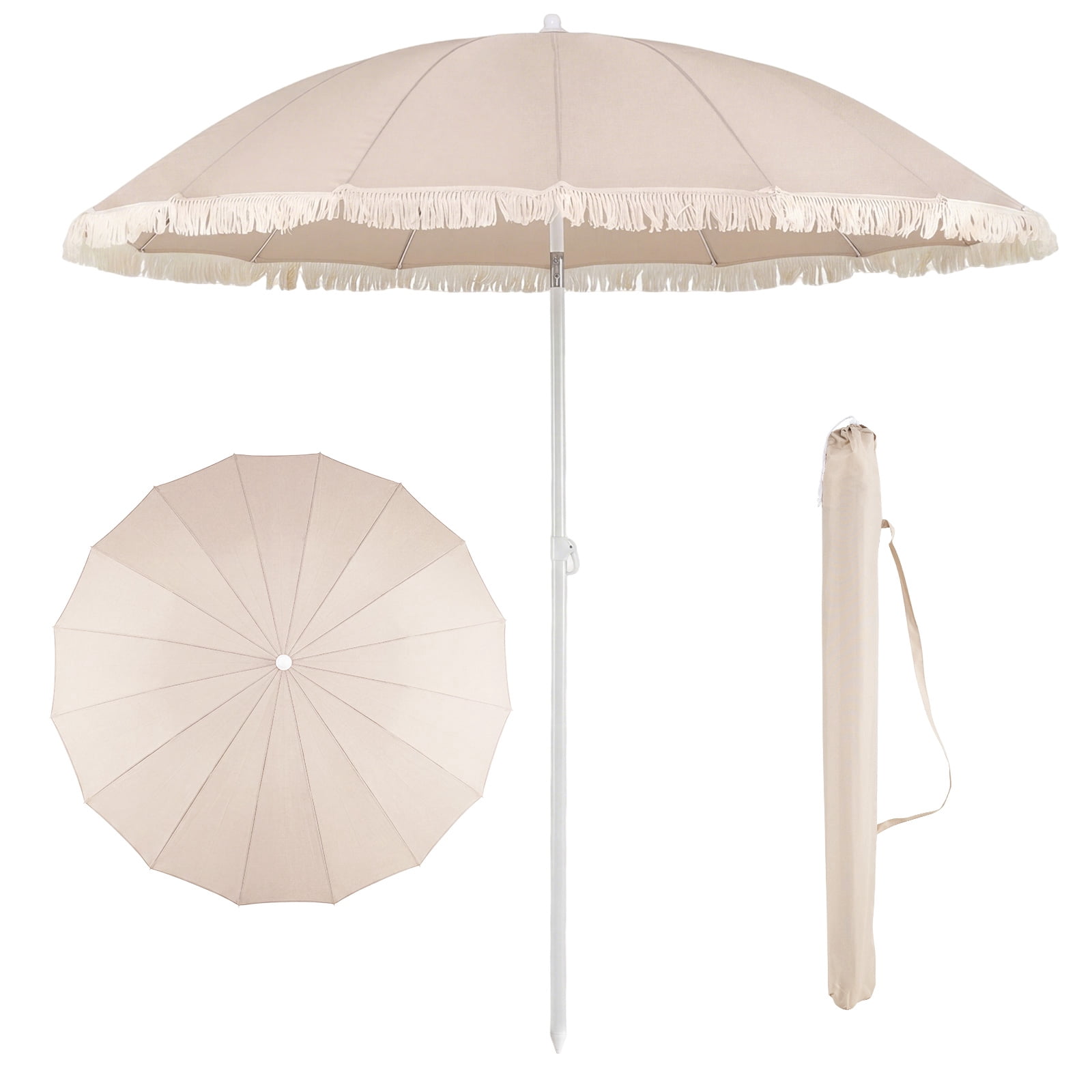 Costway Patio Umbrella with Fringe, Boho Tassel Umbrella for Outdoor Beach Garden Poolside Beige+White