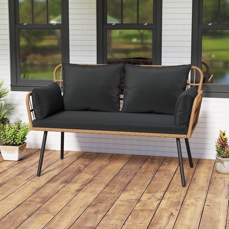 Costway Patio Wicker Loveseat Furniture with Seat Back Cushions, Heavy-Duty Metal Legs Black