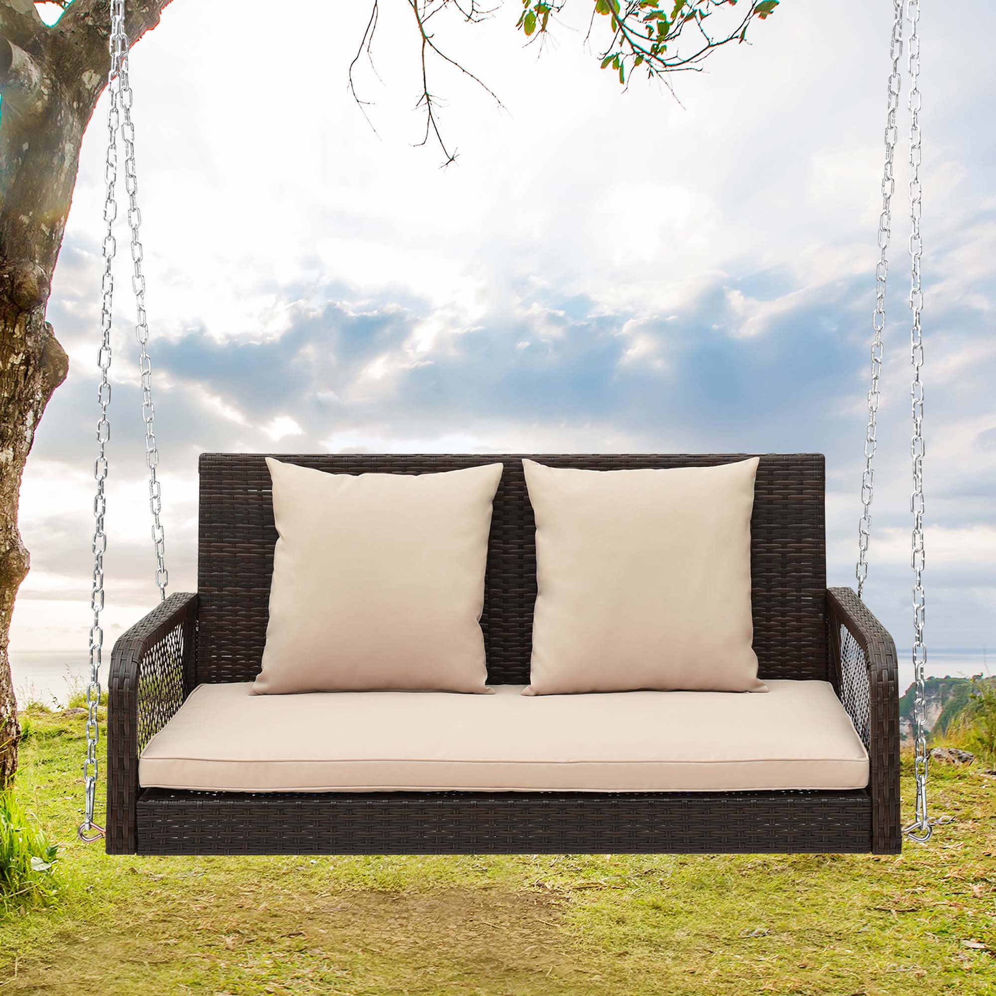 Mix Brown Wicker 2-Person Hanging Loveseat with Beige Cushions