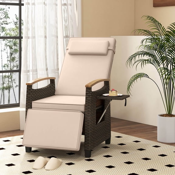 Costway Patio Wicker Recliner Chair, Rattan Lounge Chair with Adjustable Backrest&Footrest Mix Brown and Yellow