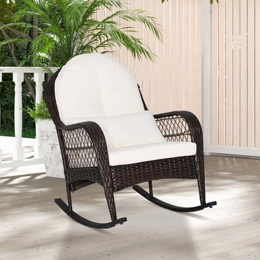 Costway Patio Wicker Rocking Chair W/Seat Back Cushions & Lumbar Pillow Porch Off White