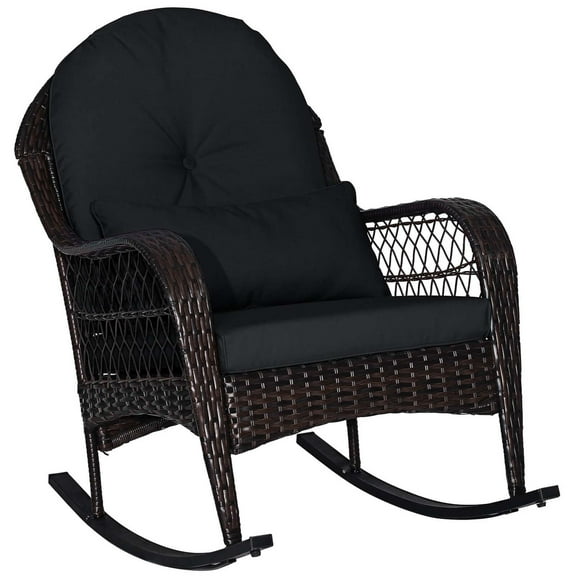 Costway Patio Wicker Rocking Chair with Seat Back Cushions & Lumbar Pillow Porch Black