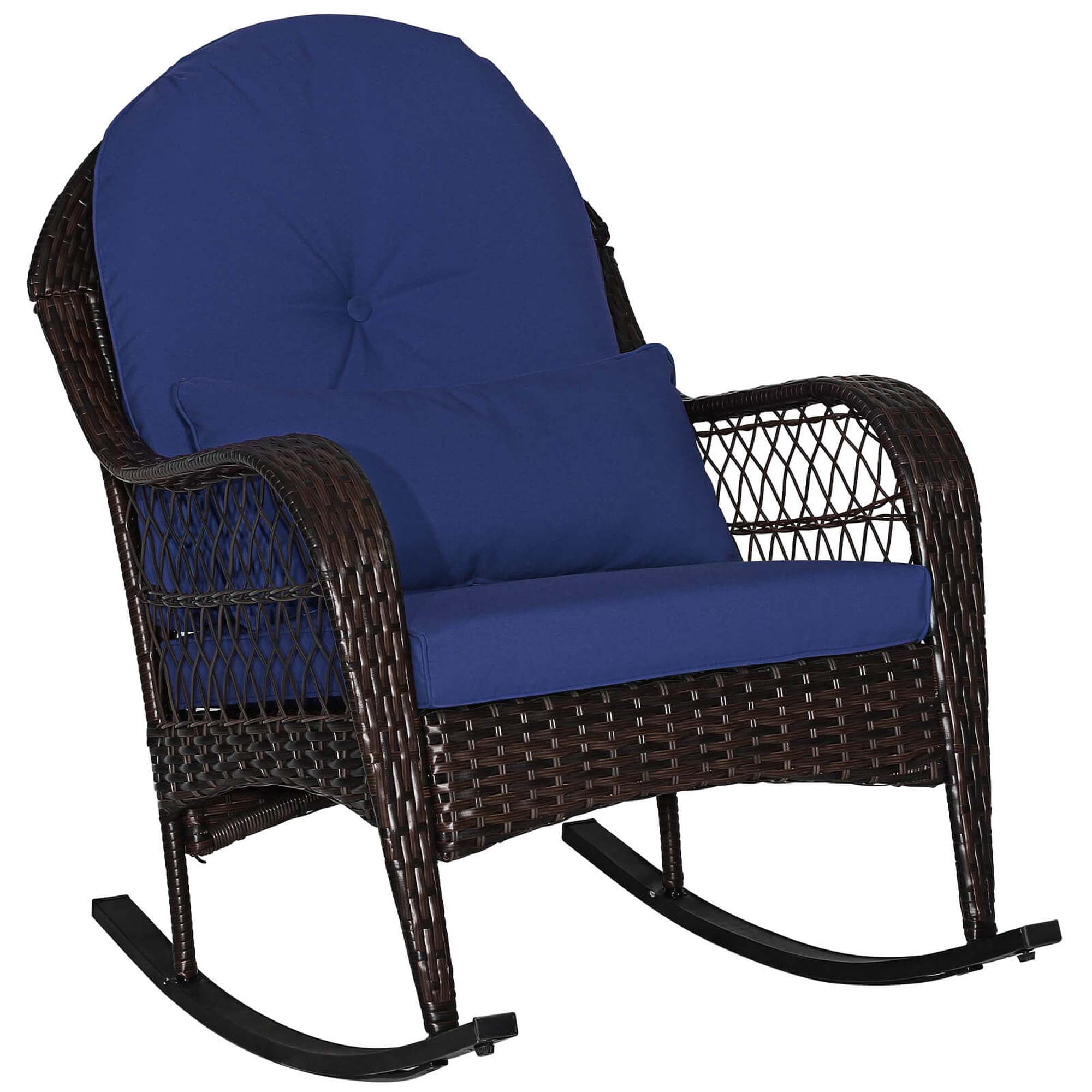 Mix Brown Wicker Rocking Chair with Blue Cushions and Pillow