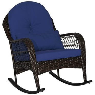 Costway Patio Wicker Rocking Chair with Seat Back Cushions & Lumbar Pillow Porch Blue