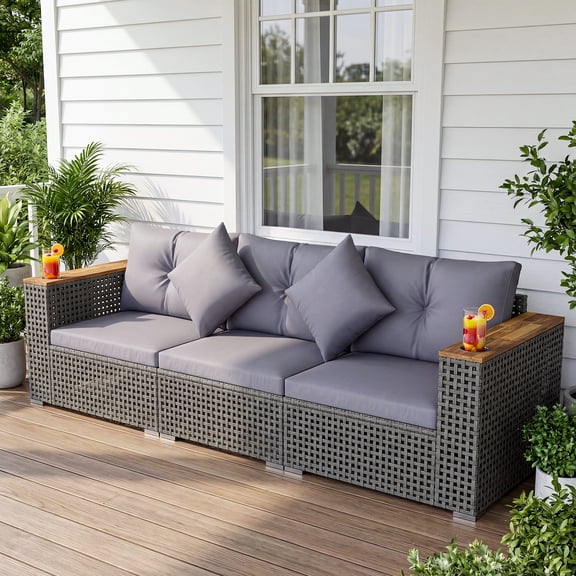 Costway Patio Wicker Sectional Furniture Set, 3 Piece Outdoor Couch Set for Garden Gray