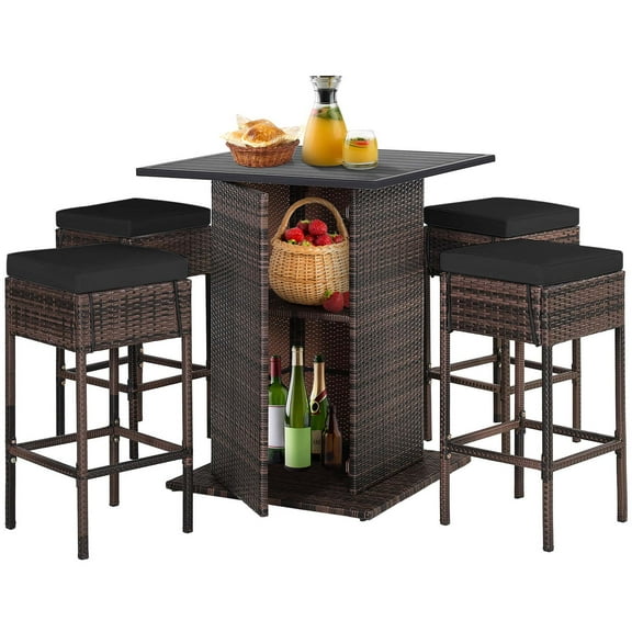 Costway 5PCS Patio Rattan Bar Table Stool Set Hidden Storage Shelf Cushion Black