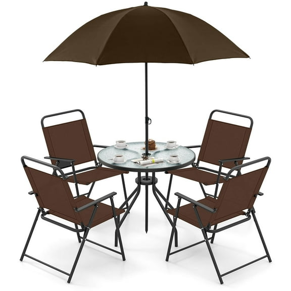 Costway 6 PCS Patio Dining Set Folding Chairs Glass Table Umbrella Garden Brown