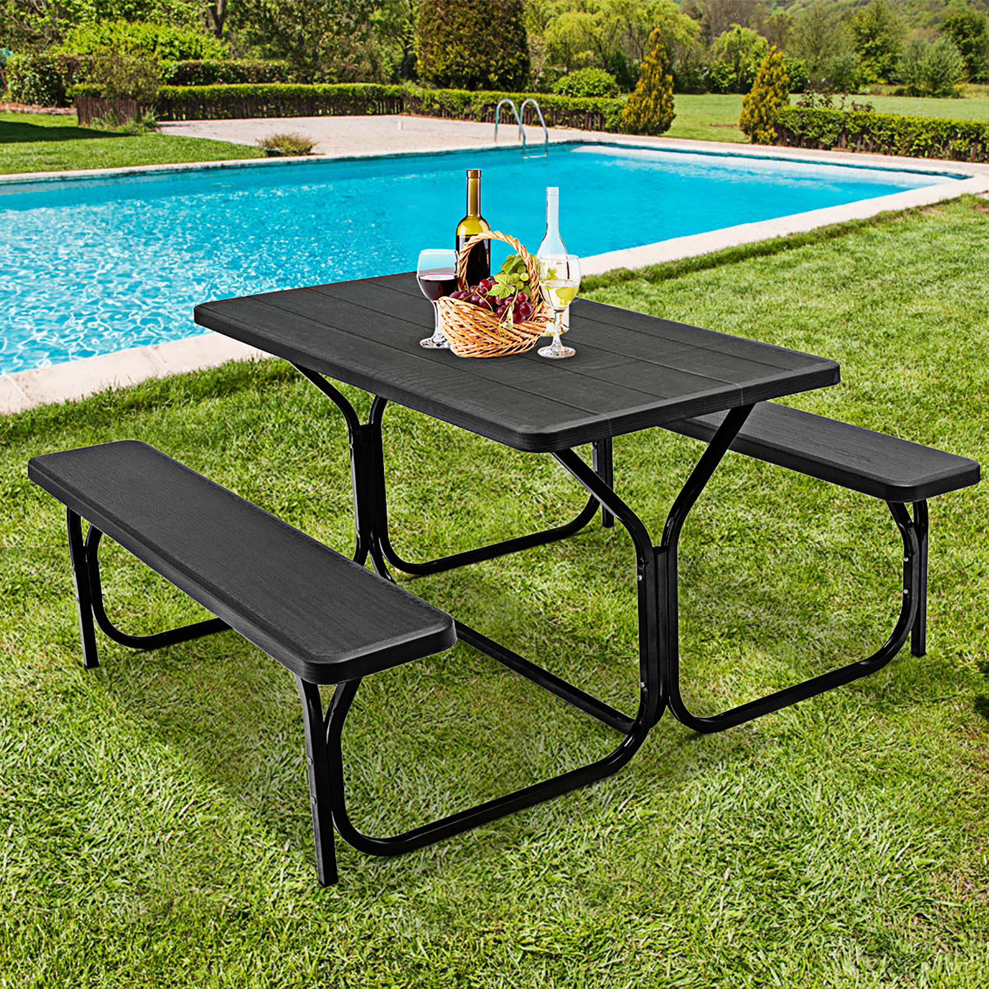 Costway Picnic Table Bench Set Outdoor Backyard Iron Patio Garden Party Dining All Weather Black - image 1 of 8