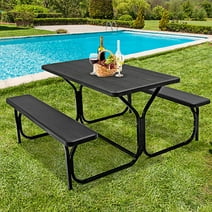 Costway Picnic Table Bench Set Outdoor Backyard Iron Patio Garden Party Dining All Weather Black